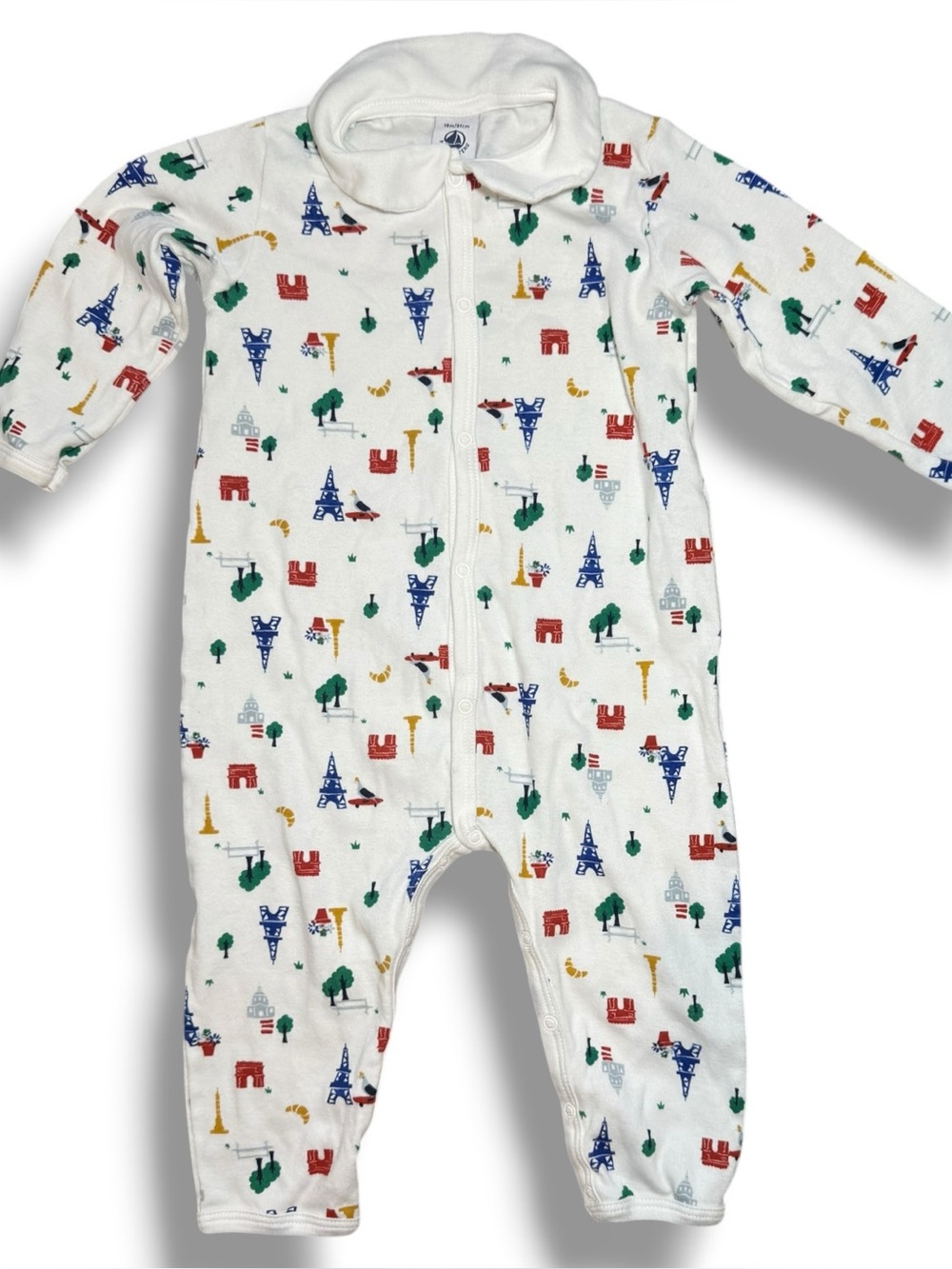 Le Petit Bateau White Multi Baby Front Snap Parisian Print Footie
